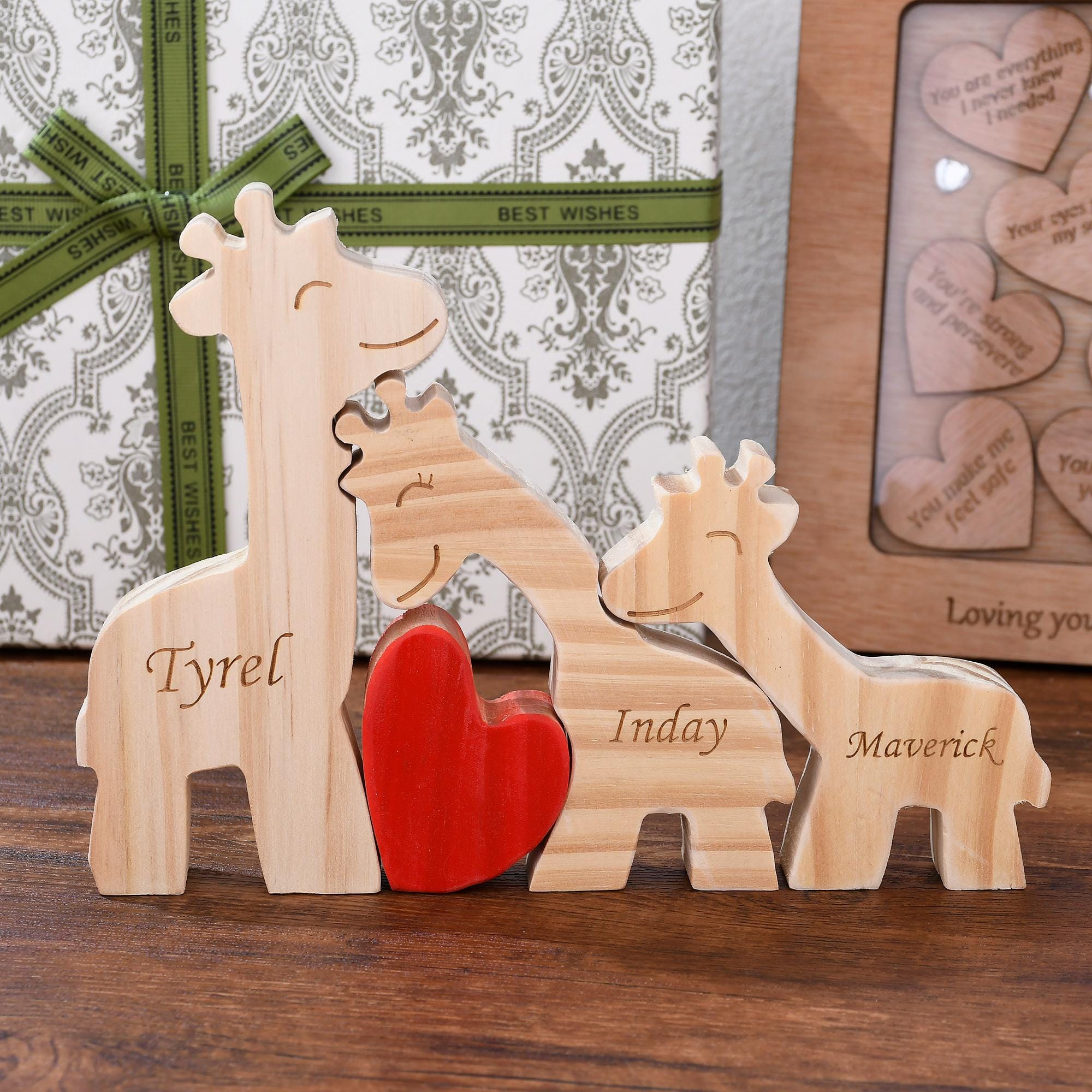 Personalized Wooden Giraffe Gifts, Giraffe Family Puzzle, Custom Giraffe Home Decor, Engraved Name Puzzle, Wedding Anniversary Gift for Her