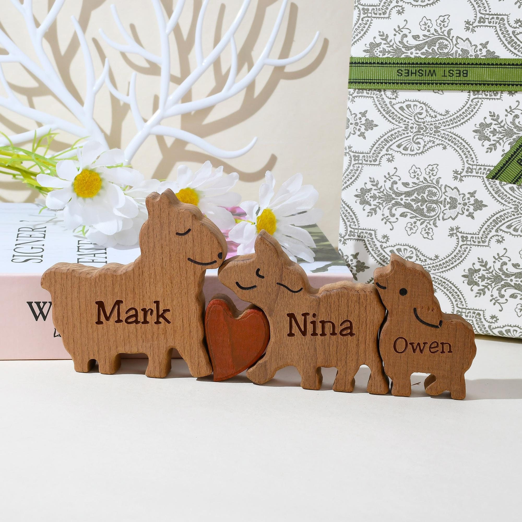 Wooden Sheep Family Puzzle, Engraved Name Sheep Puzzle, Wooden Animal Statue, Custom Sheep Decor, Family of 3, Christmas Gifts, Kids Gifts