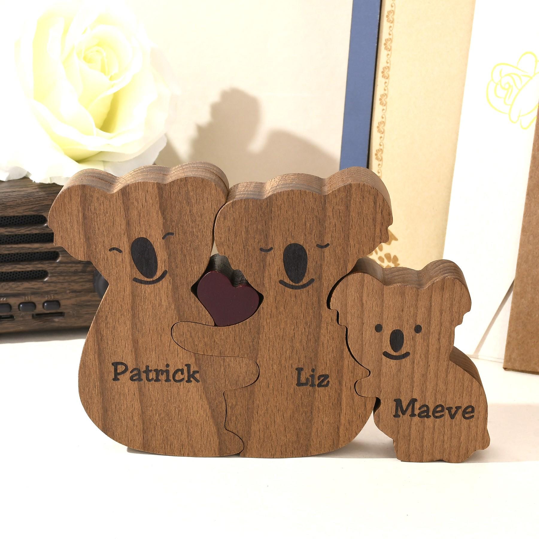 Wooden Koala Family Puzzle, Engraved Name Koala Puzzle, Wooden Animal Figures, Custom Home Decor, Family Memorial Gifts, Personalized Gifts