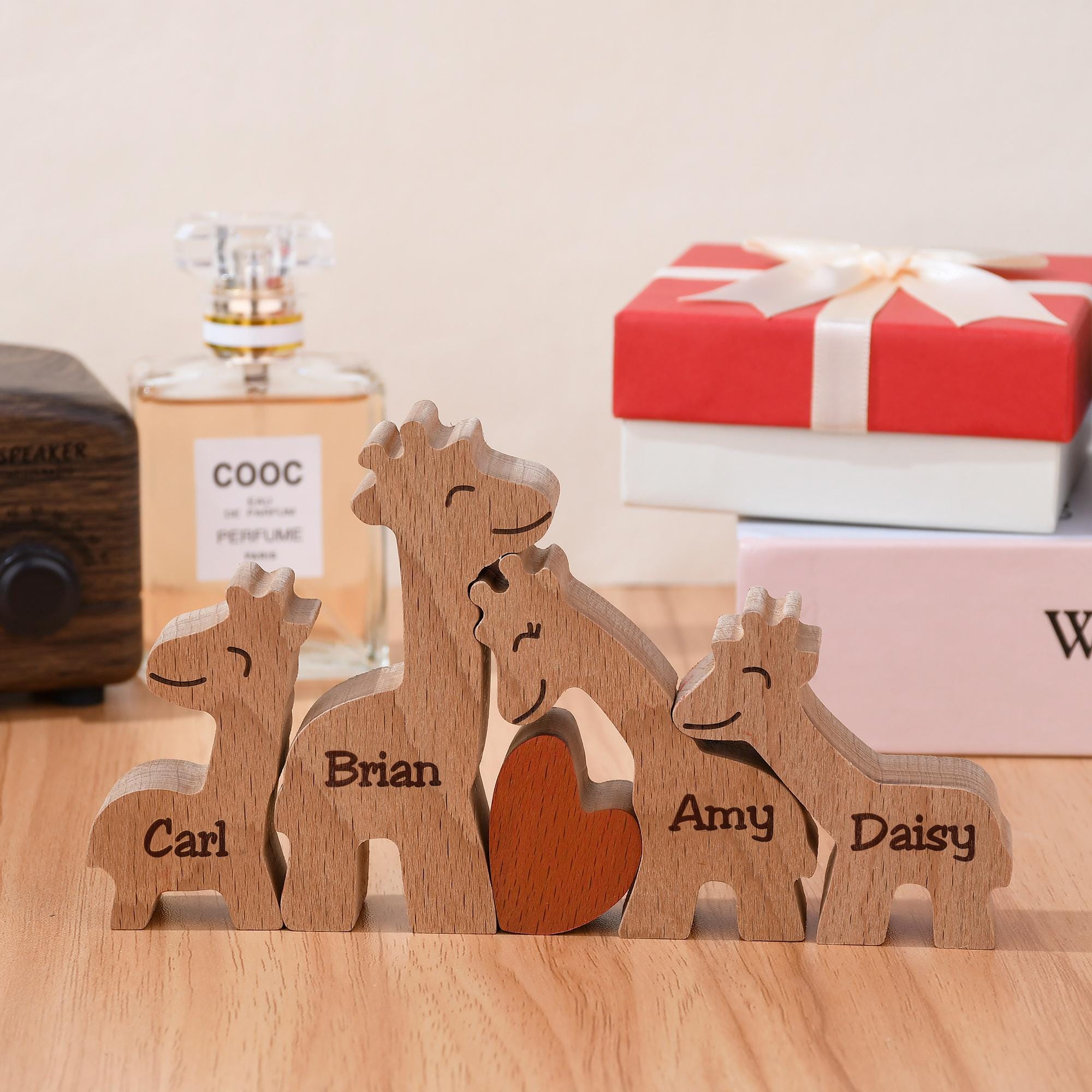 Custom Wooden Giraffe Family Puzzle, Wooden Anniversary Gifts, Family Gift for Parents, Sweet Family of 4, Family Name Keepsake Gift